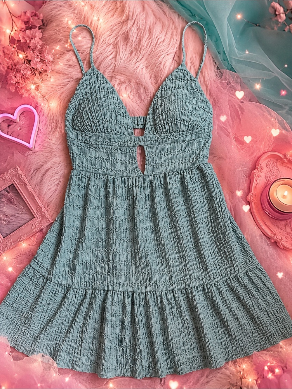 Women’s Textured Smocked Mini Dress in Sage Green